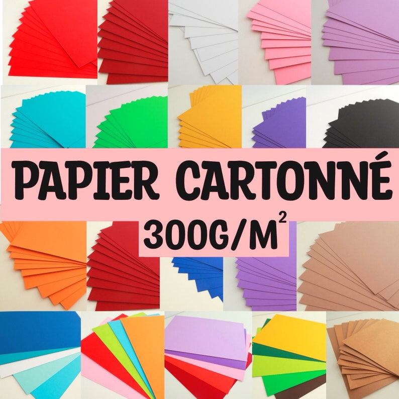 May include: Assortment of colored cardstock paper in various shades, including red, blue, green, orange, purple, pink, white, black, and brown. The paper is 300g/m&sup2; and is labeled "PAPIER CARTONN&Eacute; 300G/M&sup2;".