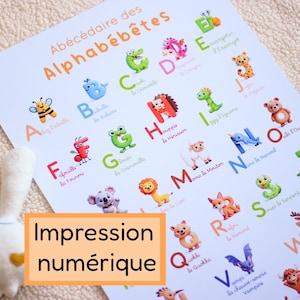May include: A children's alphabet chart, "Abécédaire des Alphabébêtes", featuring animal illustrations for each letter. A white toy rabbit sits beside the chart. The text "Impression numérique" is in a yellow box.