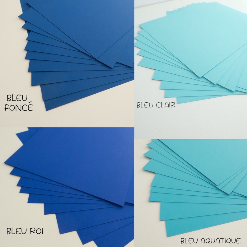 May include: Four stacks of colored cardstock paper in different shades of blue. The stacks are labeled "Bleu Fonc&eacute;", "Bleu Clair", "Bleu Roi", and "Bleu Aquatique".