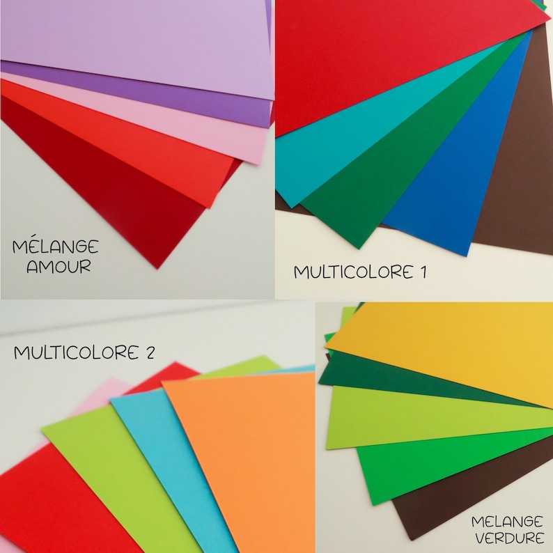 May include: Assortment of colored cardstock paper in various shades of red, pink, purple, blue, green, yellow, and brown. The paper is arranged in stacks and labeled with the names "Melange Amour", "Multicolore 1", "Multicolore 2", and "Melange Verdure".