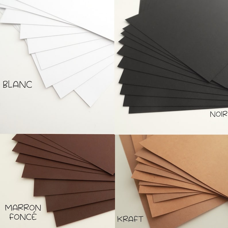 May include: Four stacks of cardstock paper in different colors: white, black, brown, and kraft. The stacks are labeled "BLANC", "NOIR", "MARRON FONCE", and "KRAFT".