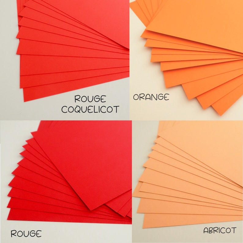 May include: Four stacks of colored cardstock paper. The top row shows red, orange, the bottom row shows red and apricot.