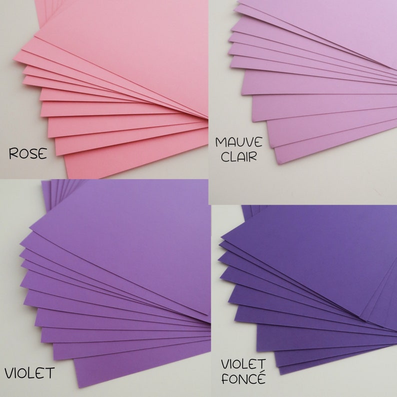 May include: Four stacks of colored cardstock paper in shades of pink, purple, and lavender. The stacks are labeled "Rose", "Mauve Clair", "Violet", and "Violet Fonc&eacute;".