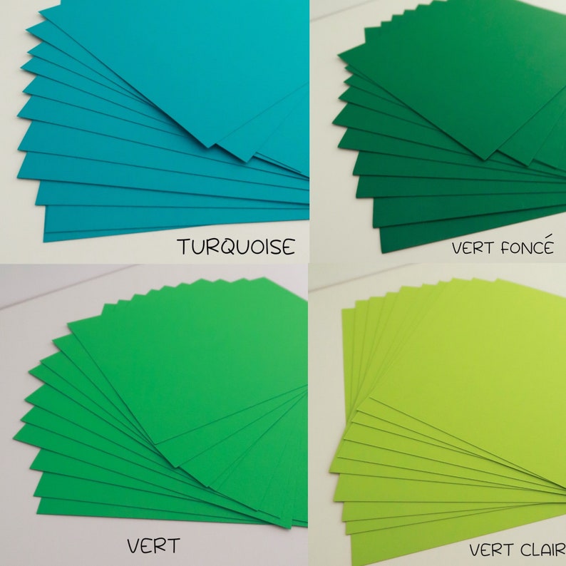 May include: Four stacks of colored paper in different shades of green and blue. The stacks are labeled "Turquoise", "Vert Fonc&eacute;", "Vert", and "Vert Clair".