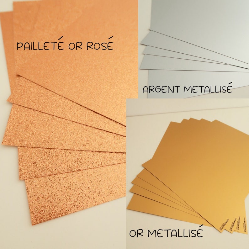 May include: A close-up of three stacks of paper. The top stack is a rose gold glitter paper with the text "paillet&eacute; or ros&eacute;". The middle stack is a silver metallic paper with the text "argent metallise". The bottom stack is a gold metallic paper with the text "or metallise".