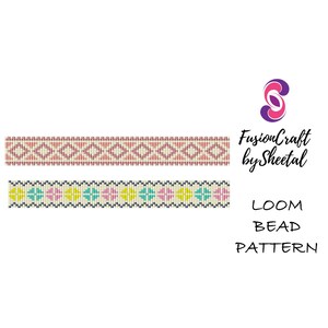 May include: A loom bead pattern with two rows of colorful beads. The top row has a pink and white diamond pattern. The bottom row has a blue, yellow, and pink flower pattern. The text "FusionCraft by Sheetal" and "LOOM BEAD PATTERN" is below the pattern.