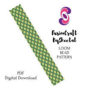 Könnte beinhalten: Digitaler PDF-Download eines Webstuhl-Perlenmusters. Das Design zeigt ein sich wiederholendes Muster aus grünen und gelben Perlen. Der Text "FusionCraft BySheetal" und "LOOM BEAD PATTERN" sind ebenfalls sichtbar.