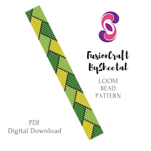 May include: A digital download PDF of a loom bead pattern. The design features a geometric pattern in shades of green and yellow. The image includes the text "FusionCraft BySheetal" and "LOOM BEAD PATTERN."
