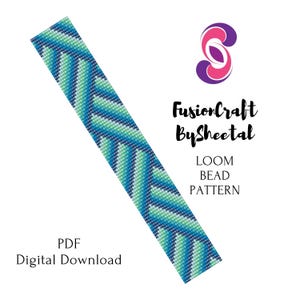 May include: A digital PDF download with a loom bead pattern. The design features a geometric pattern in shades of blue and green. The text "FusionCraft BySheetal" and "LOOM BEAD PATTERN" are also visible.
