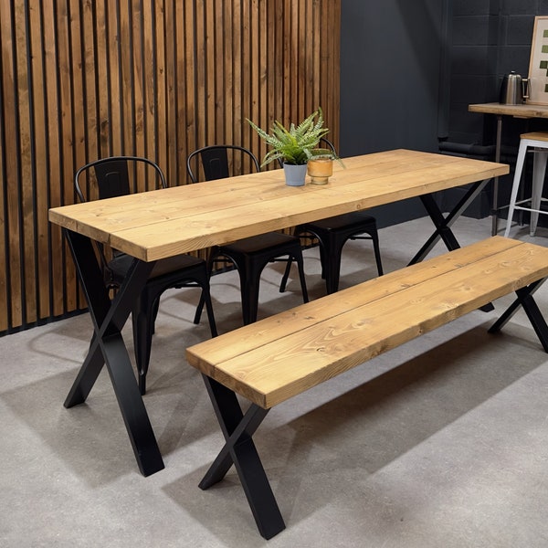 Rustic Dining Table & Bench Set on X Frame Legs