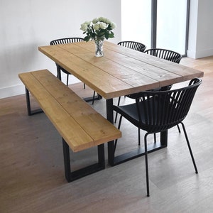 Rustic Dining Table & Bench Set, Square Steel Legs, Industrial Style ...