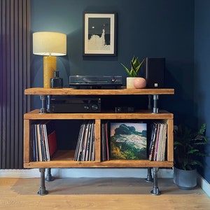 Industrial Record Player Stand | LP Vinyl Storage Unit | Media TV Hi Fi Turntable Cabinet | Scaffold Board Reclaimed Rustic Wooden Sideboard