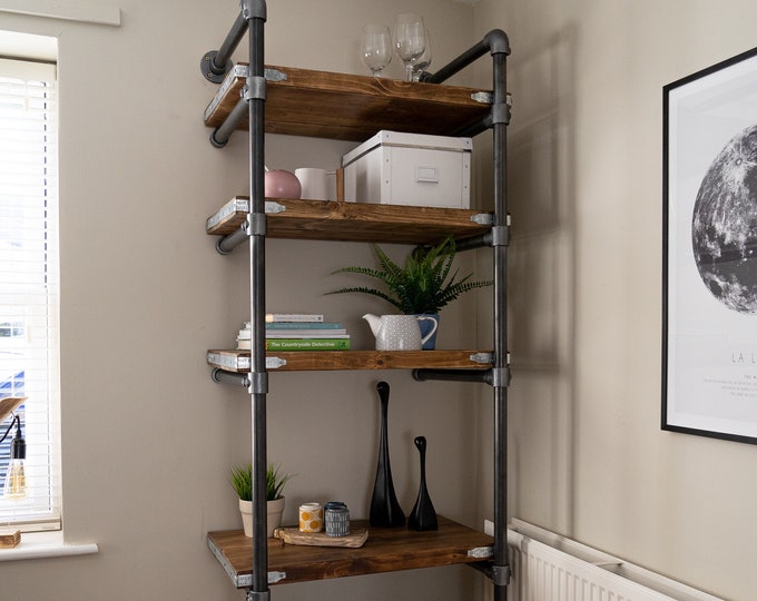Industrial Bookcase | Rustic Scaffold Board Shelving Unit on Steel Tube, Pipe Frame | Reclaimed, Bookshelves, Ladder Style Shelves