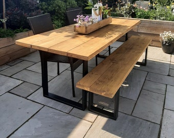 Rustic Outdoor Dining Table and Bench, Reclaimed Solid Wood, Garden Furniture, Industrial Style Steel Legs, Scaffold Board Outside Table