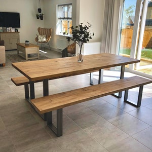 Rustic Dining Table & Bench Set, Square Steel Legs, Industrial Style ...