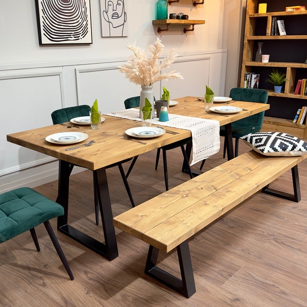 Industrial Reclaimed Dining Table & Bench on Steel Trapezium Legs, Rustic, Scaffold Board