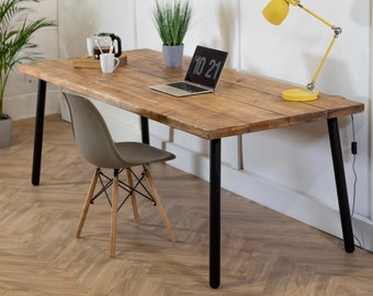 Rustic Desk on Round Pin Steel Legs | Industrial Reclaimed Style Office Furniture | Scaffold Board, Solid Wood