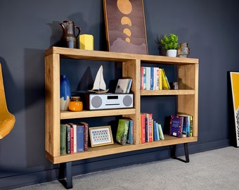 Rustic Bookcase, Low Sideboard Unit on Trapezium Legs | Industrial Solid Wooden Shelving, Scaffold Board Style, Home Storage