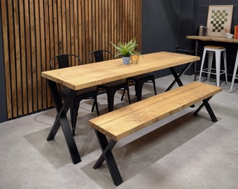 Rustic Dining Table & Bench Set on X Frame Legs