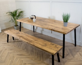 Rustic Dining Table & Bench with Steel Round Pin Legs