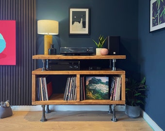 Industrial Record Player Stand | LP Vinyl Storage Unit | Media TV Hi Fi Turntable Cabinet | Scaffold Board Reclaimed Rustic Wooden Sideboard