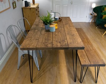 Rustic Scaffold Board Dining Table & Bench Set on Hairpin Legs, Reclaimed, Industrial Style