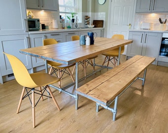 Industrial Scaffold Board Dining Table & Bench Set on Galvanised Steel Tube Pipe Legs | Rustic Kitchen Table Desk Reclaimed Wood Scaffolding