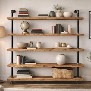 Industrial Style Bookcase/Shelf Unit - Solid Wood & Steel Tube