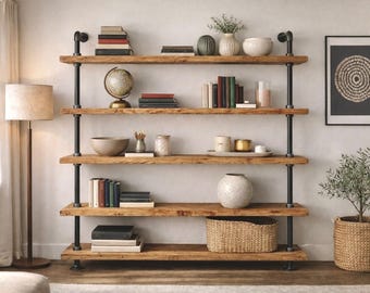 Industrial Style Bookcase/Shelf Unit - Solid Wood & Steel Tube