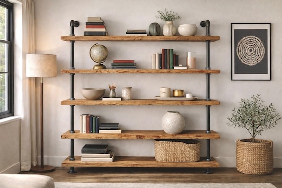 Industrial Style Bookcase/Shelf Unit - Solid Wood & Steel Tube