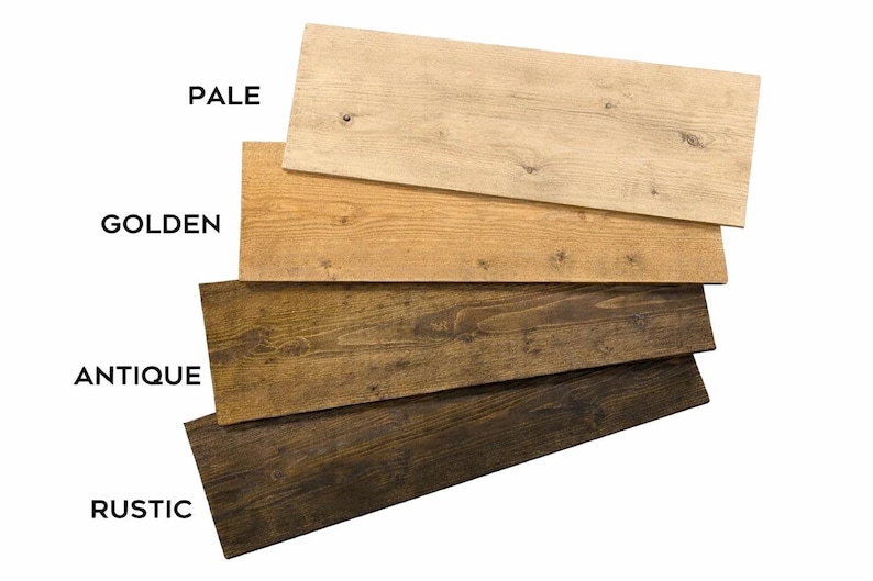 K&ouml;nnte beinhalten: Holzbretter in verschiedenen Braunt&ouml;nen, von hell bis rustikal. Die Bretter sind diagonal angeordnet und zeigen die verschiedenen Holzt&ouml;ne. Der Text kennzeichnet jede Farbe: Pale, Golden, Antique und Rustic.