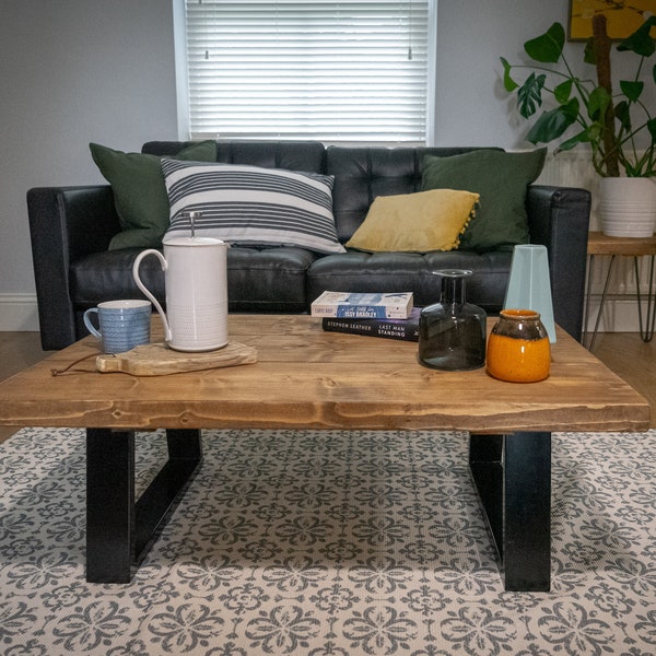 Industrial Scaffold Board Coffee Table on Trapezium Steel Box Section Legs Rustic Wood Farmhouse Scaffolding Side Table