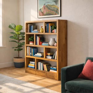 Puede incluir: Una estanter&iacute;a de madera llena de libros, jarrones decorativos y peque&ntilde;as plantas. La estanter&iacute;a est&aacute; en un sal&oacute;n con un sof&aacute; verde, un coj&iacute;n rojo y una planta en maceta. Una pintura cuelga de la pared.