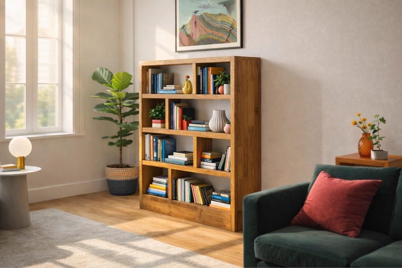 Puede incluir: Una estanter&iacute;a de madera llena de libros, jarrones decorativos y peque&ntilde;as plantas. La estanter&iacute;a est&aacute; en un sal&oacute;n con un sof&aacute; verde, un coj&iacute;n rojo y una planta en maceta. Una pintura cuelga de la pared.