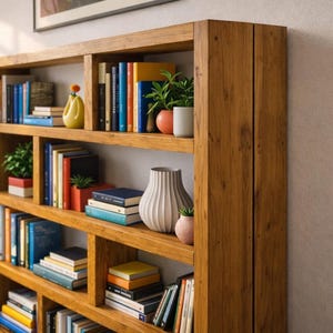 Puede incluir: Una estanter&iacute;a de madera con m&uacute;ltiples estantes llenos de libros, plantas y jarrones decorativos. La estanter&iacute;a es de madera marr&oacute;n claro y tiene un dise&ntilde;o moderno. Los libros son de varios tama&ntilde;os y colores, y las plantas a&ntilde;aden un toque de vegetaci&oacute;n.