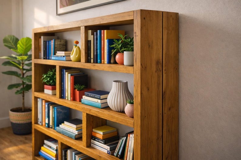 Puede incluir: Una estanter&iacute;a de madera con m&uacute;ltiples estantes llenos de libros, plantas y jarrones decorativos. La estanter&iacute;a es de madera marr&oacute;n claro y tiene un dise&ntilde;o moderno. Los libros son de varios tama&ntilde;os y colores, y las plantas a&ntilde;aden un toque de vegetaci&oacute;n.