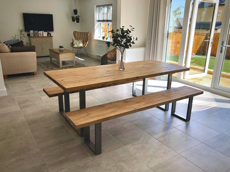 Rustic Dining Table & Bench Set Square Steel Legs Industrial - Etsy