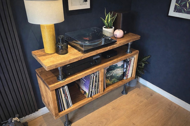Industrial Record Player Stand: Rustic Reclaimed Wood Vinyl Storage afbeelding 9