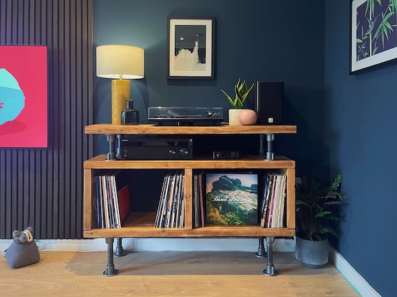 Industrial Record Player Stand LP Vinyl Storage Unit Media TV Hi Fi Turntable Cabinet Scaffold Board Reclaimed Rustic Wooden Sideboard Etsy