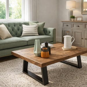 Rustic Solid Wood Coffee Table: Industrial Steel Trapezium Legs