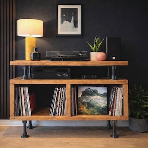 Industrial Record Player Stand: Rustic Reclaimed Wood Vinyl Storage