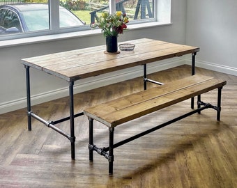 Scaffold Board Dining Table & Bench Set on Steel Tube Pipe Legs, Rustic, Industrial, Reclaimed Style