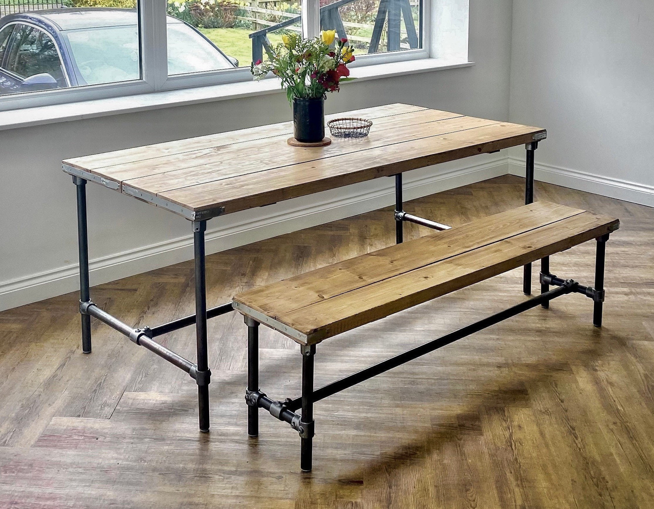 Scaffold Board Dining Table Bench Set on Steel Tube Pipe Legs Rustic Industrial Reclaimed Style Etsy UK