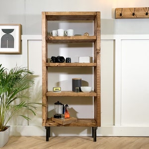 Industrial Bookcase: Rustic Style, Steel Tube Legs, Solid Wood Shelves