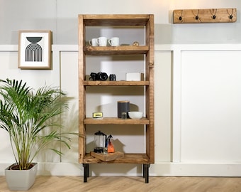 Industrial Bookcase: Rustic Style, Steel Tube Legs, Solid Wood Shelves