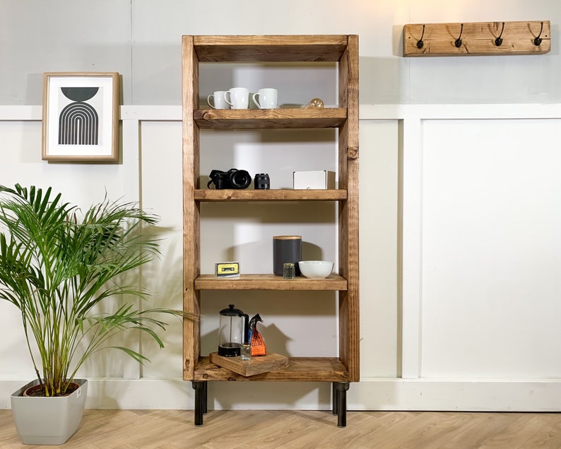 Rustic Bookcase with Steel Tube Legs, Solid Wooden Bookshelves, Reclaimed Scaffold Board Style Shelving Unit image 1