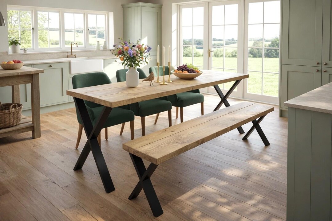 Rustic Dining Table & Bench Set on X Frame Legs - Etsy