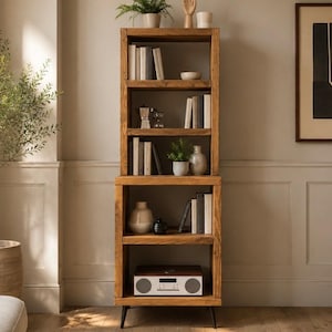 Solid Wooden Split-Level Rustic Dresser with Tapered Legs | Industrial Display Shelf