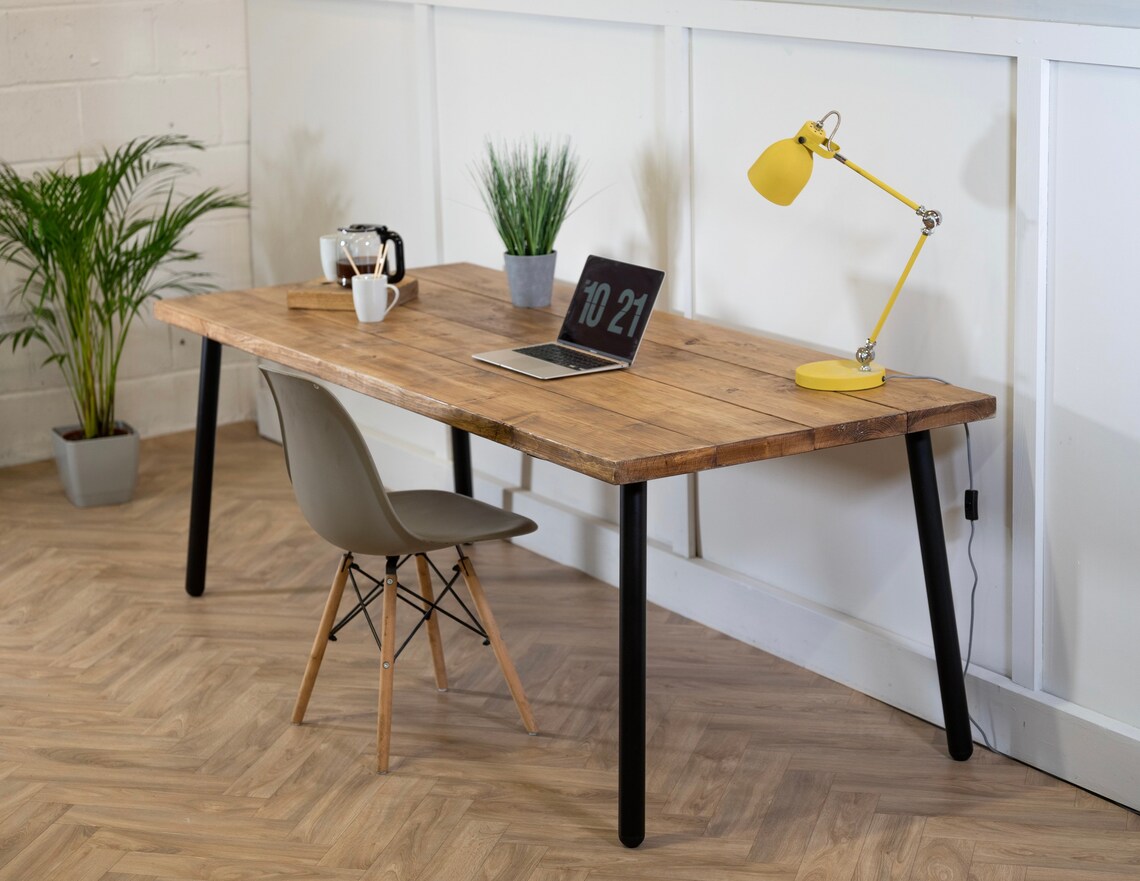 Scaffold Board Desk On Black Round Pin Steel Legs Rustic Etsy