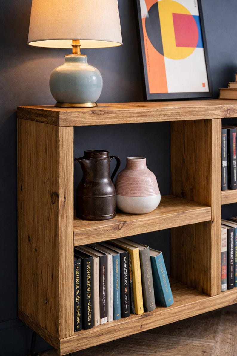Op de afbeelding: Houten boekenplank met drie planken, met boeken, een blauwe keramische lamp en decoratieve vazen. De boekenplank is gemaakt van lichtbruin hout en heeft een eenvoudig, modern ontwerp. Bovenop staat een ingelijste abstracte kunstprint.